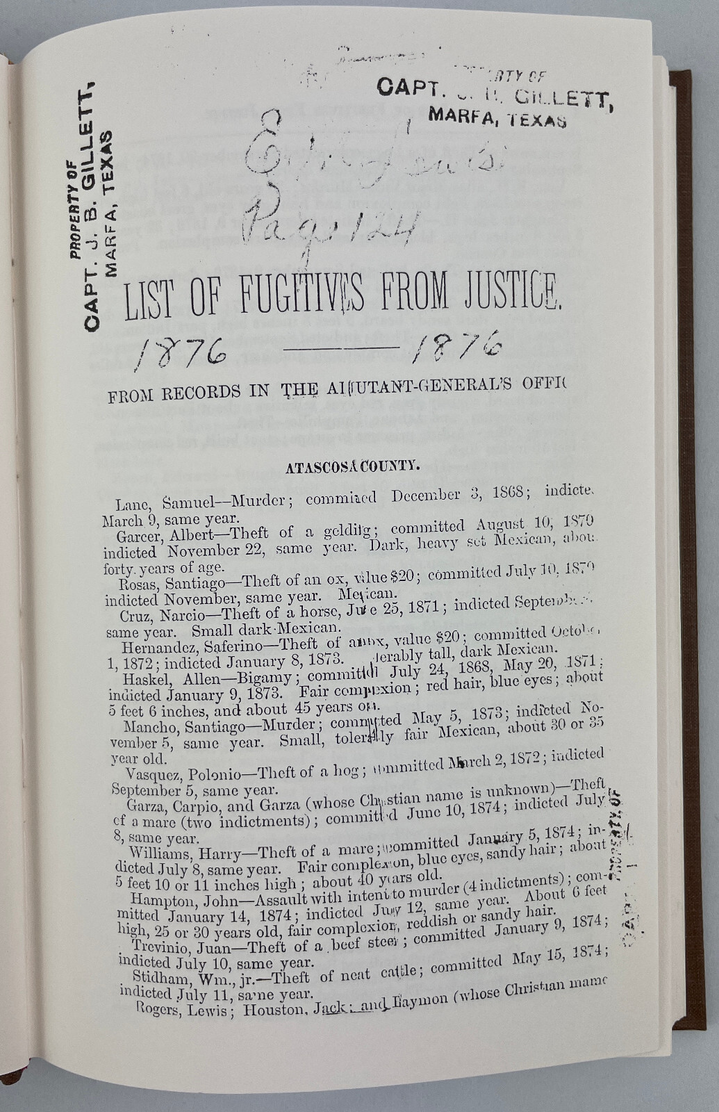 Fugitives from Justice : The Notebook of Texas Ranger Sergeant James B. Gillett