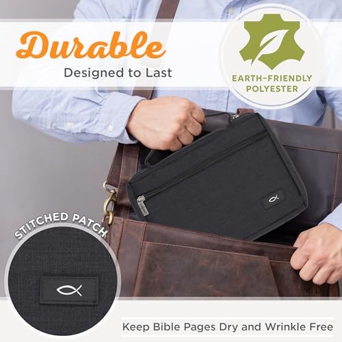 Polyester Bible Cover for Men & Women w/Jesus Fish Patch, Secure Zipper