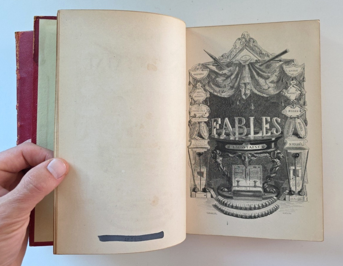 1843 Fables de La Fontaine 2 Volume Leather Set Grandville Illustrated French