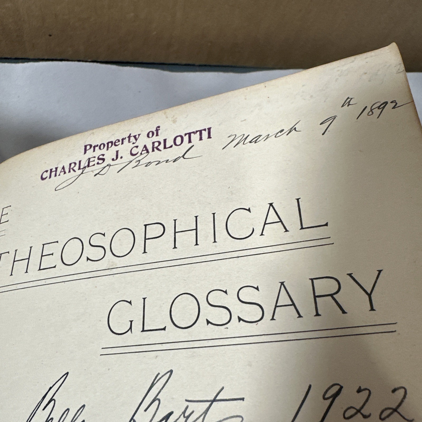 The Theosophical Glossary by H.P. Blavatsky 1892 First Edition Book Provenance
