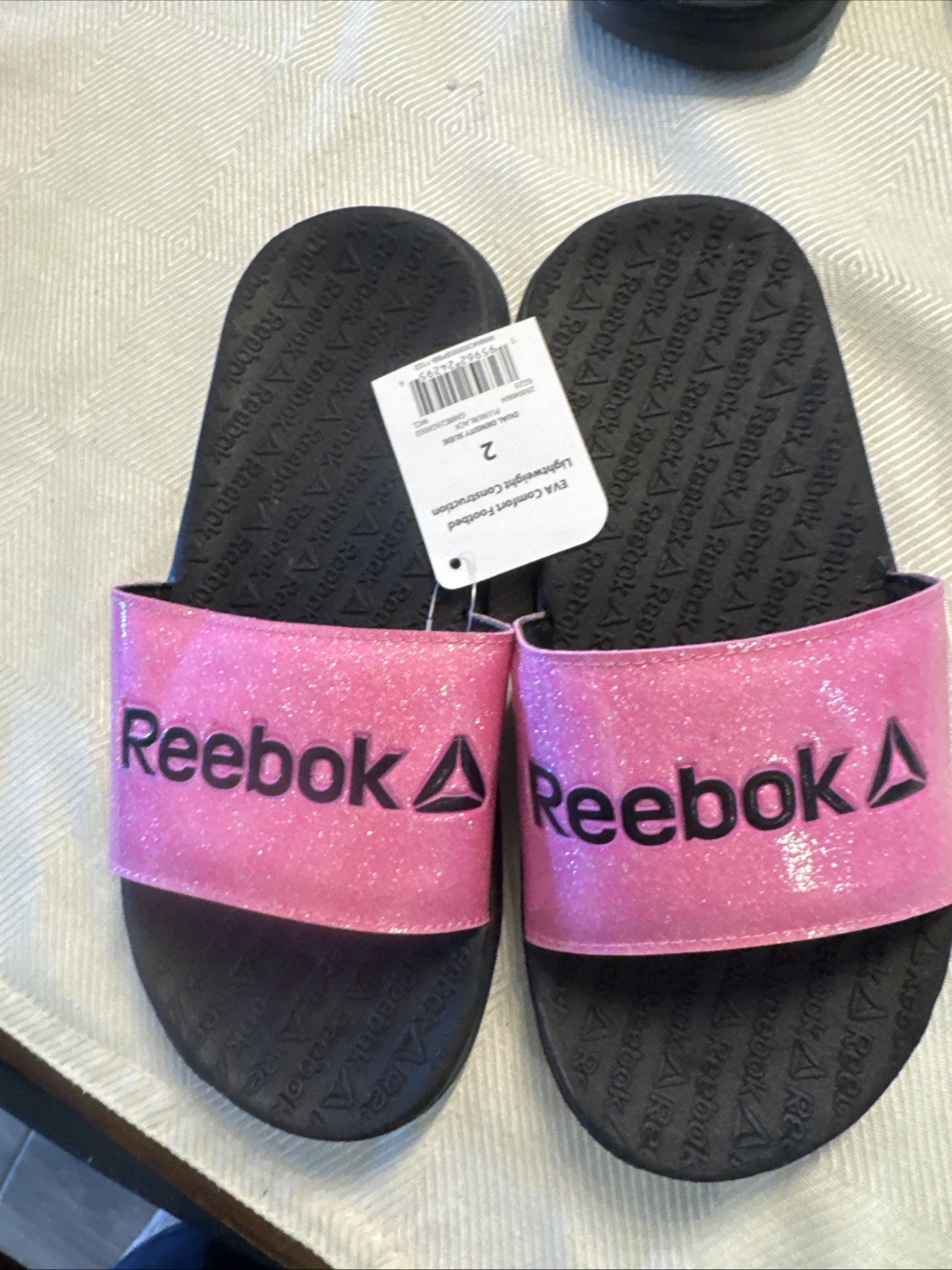 NWT Girls Dual Density Slip On Reebok Pink Black Slides Size 2