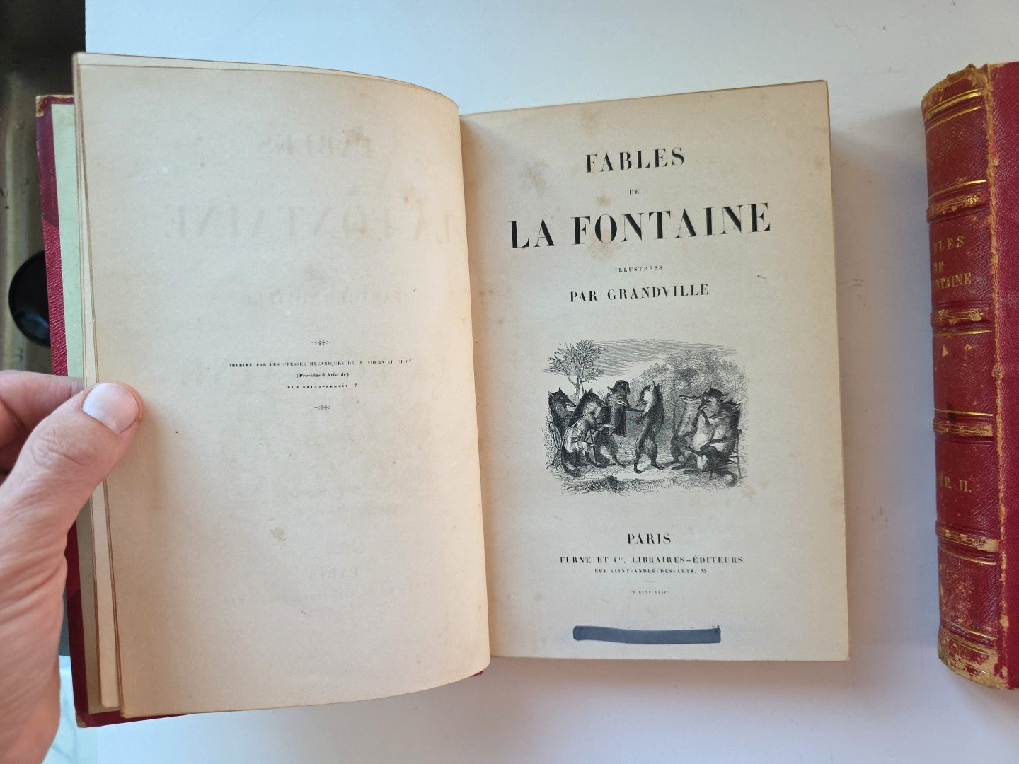 1843 Fables de La Fontaine 2 Volume Leather Set Grandville Illustrated French