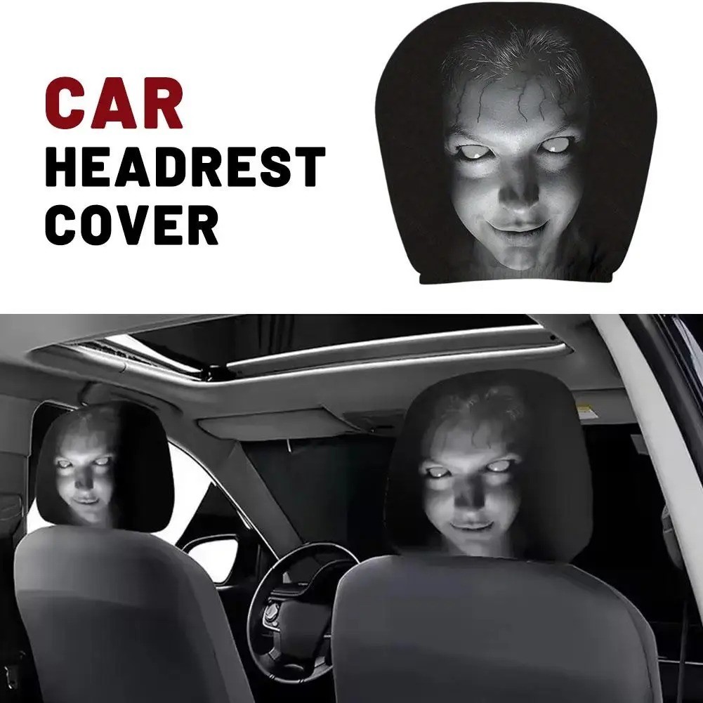 2pcs Ghost Face Headrest Covers,Scary Face Printing Auto Seat Universal Elastic