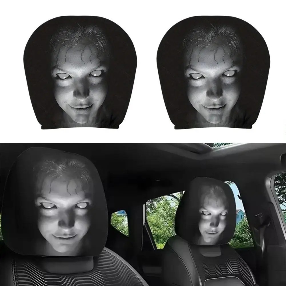 2pcs Ghost Face Headrest Covers,Scary Face Printing Auto Seat Universal Elastic