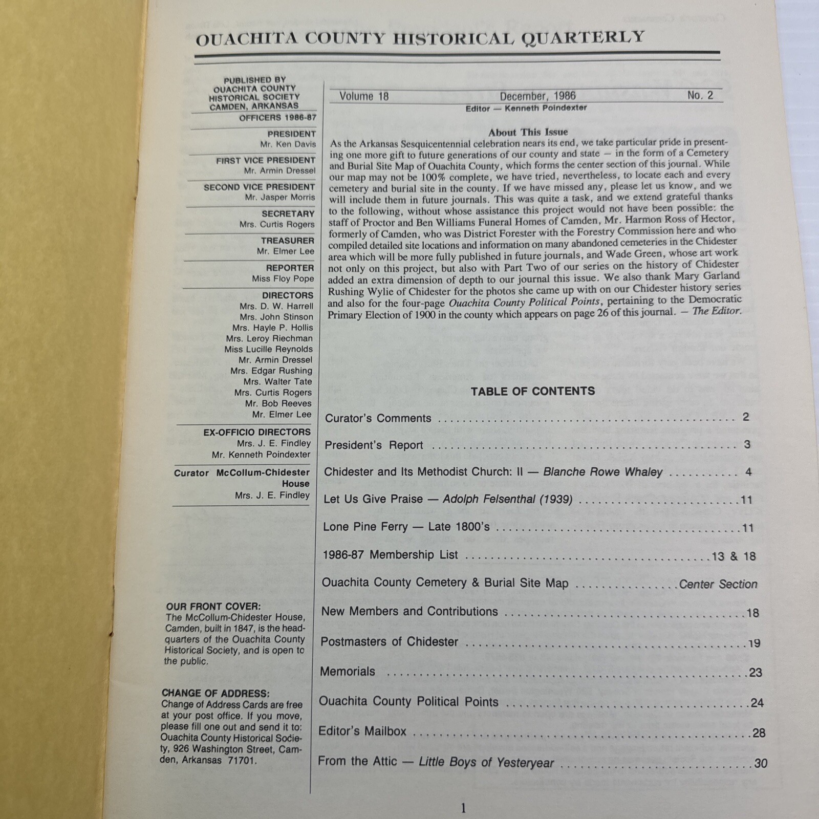 Arkansas Ouachita County Historical Quarterly December 1986 Historical Society