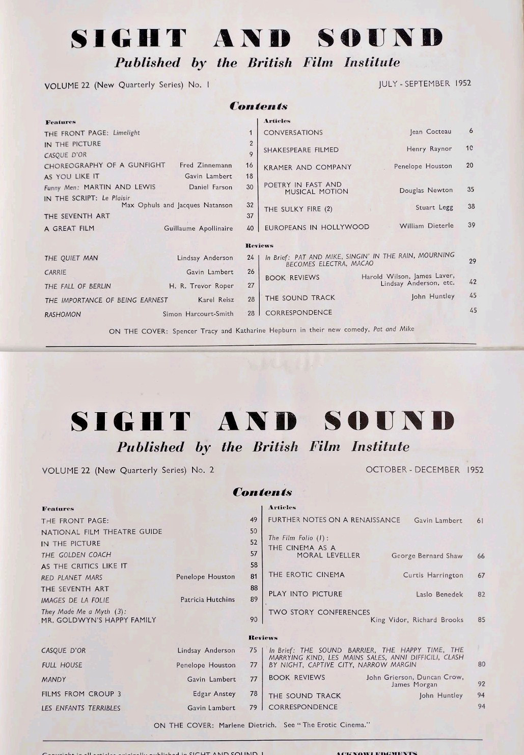 Sight and Sound 1952 full year x4 Streetcar Clair Cocteau horror Dietrich +++