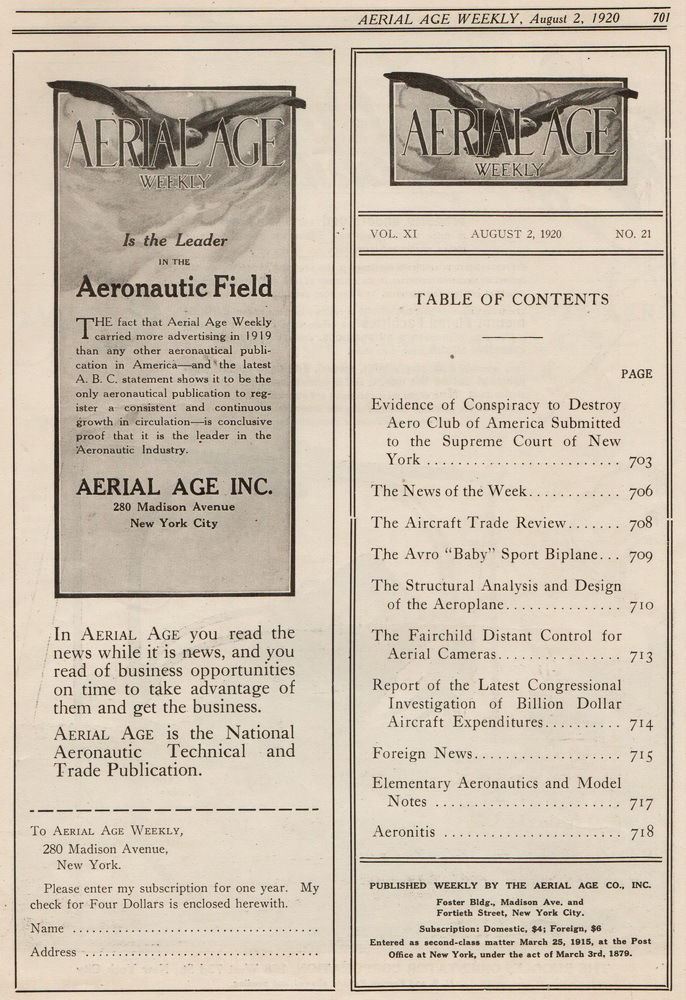 Antique Aerial Age Weekly Magazine, August 2, 1920