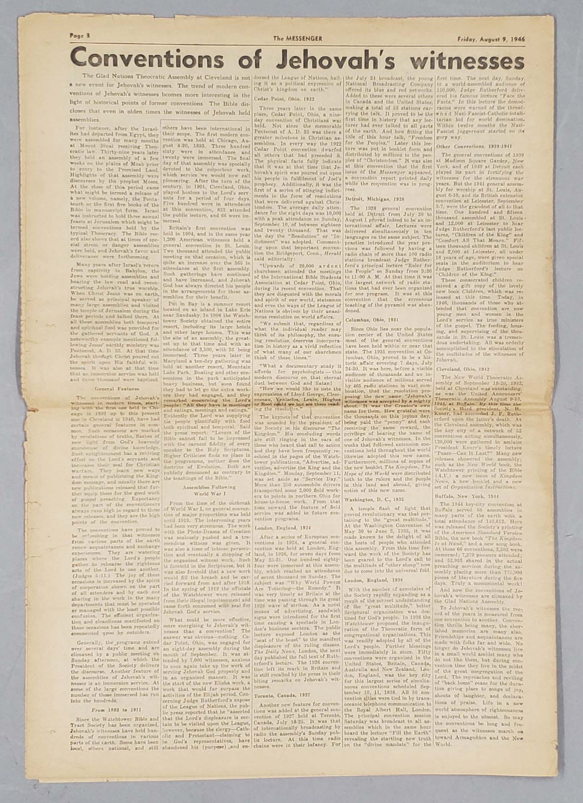 Rare Messenger August 9 1946 Convention Report New BibleHelps Watchtower Jehovah