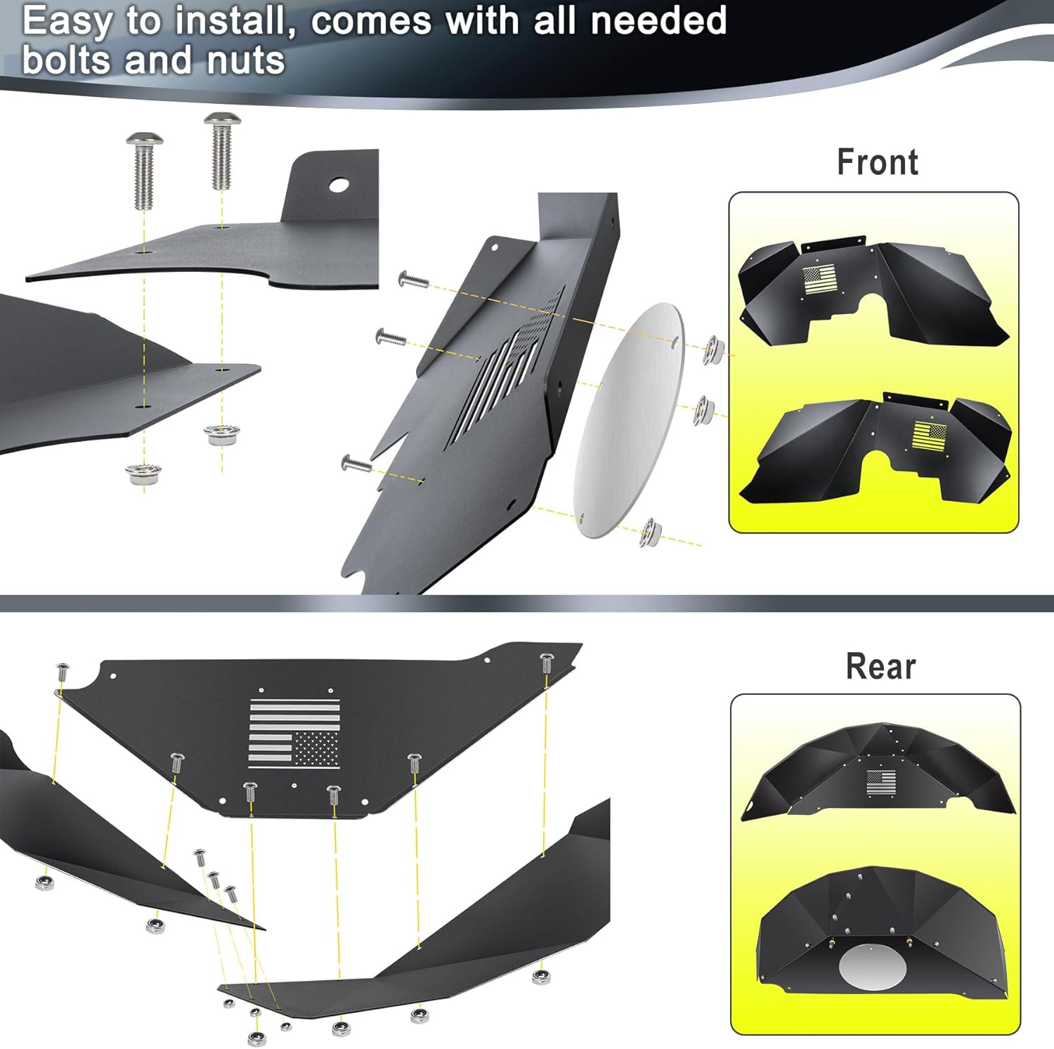 Front and Rear Aluminum Inner Fender Liner Set Compatible with 2007-2018 Wrangle