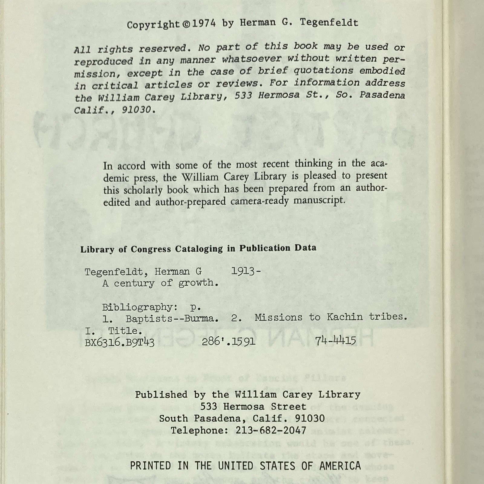 *Signed by son* A Century of Growth – Herman Tegenfeldt (William Carey, 1974)