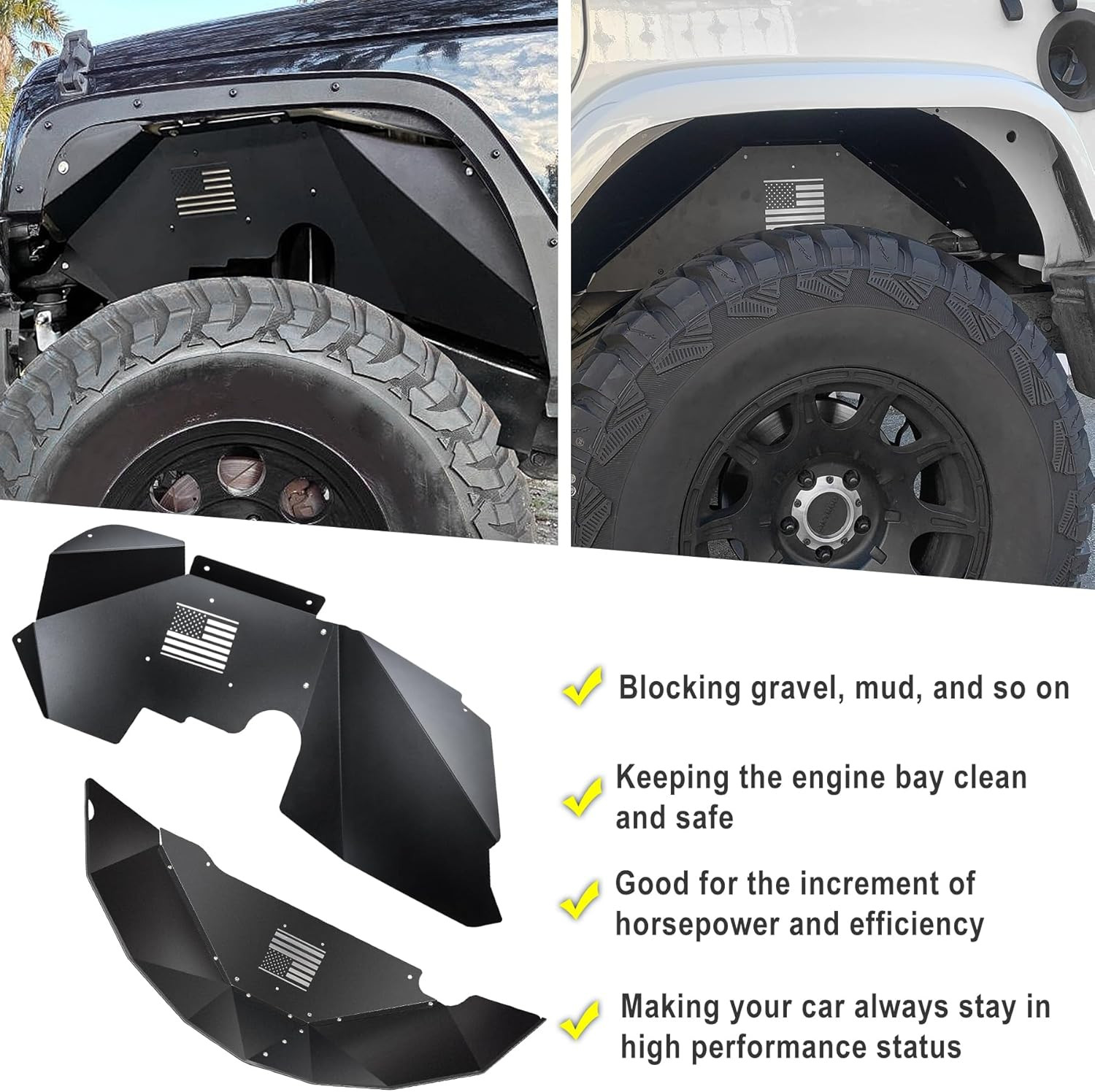 Front and Rear Aluminum Inner Fender Liner Set Compatible with 2007-2018 Wrangle