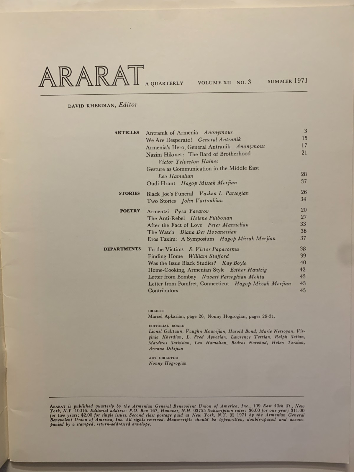 Ararat Quarterly magazine vol XII no 3 (issue 47) Summer 1971