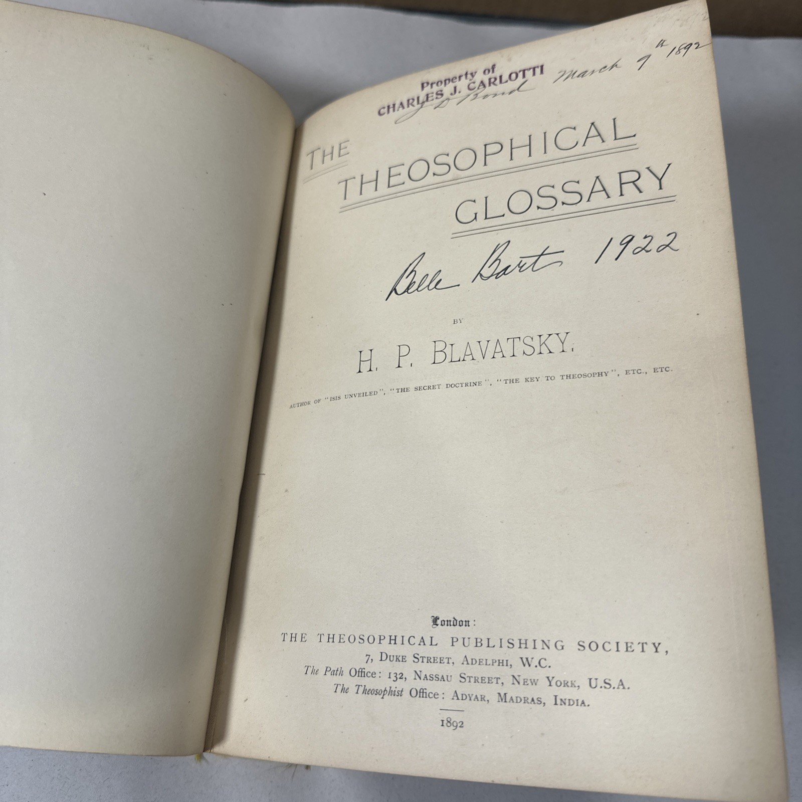 The Theosophical Glossary by H.P. Blavatsky 1892 First Edition Book Provenance