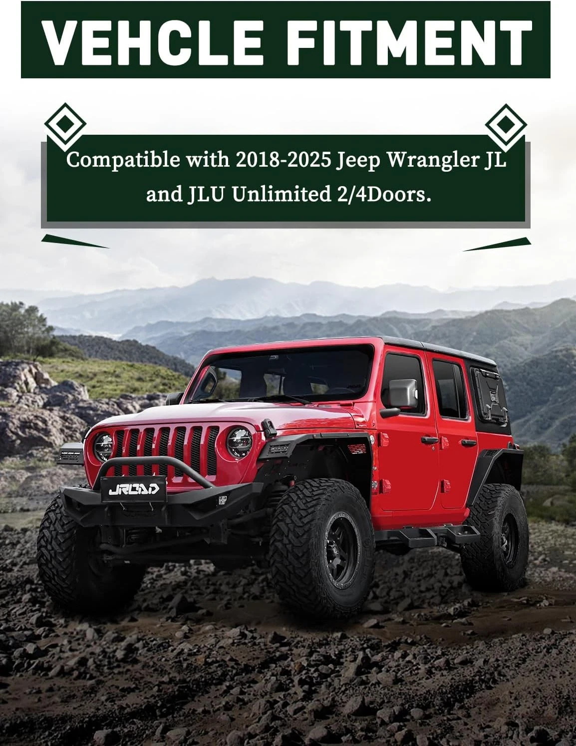 Flat Front & Rear Fender Flares Compatible with 2018-2025 Jeep Wrangler JL & JLU