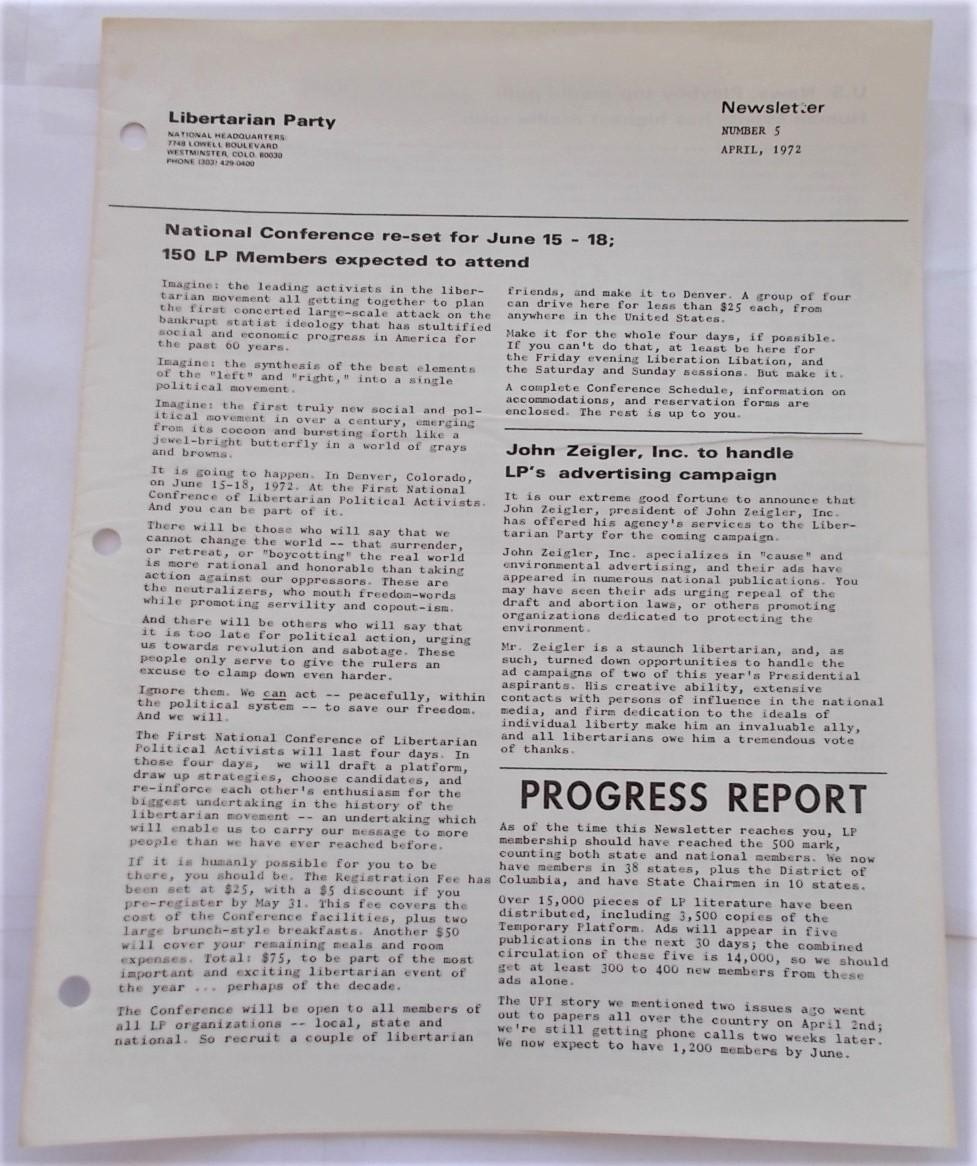 Libertarian Party Newsletter #5 1972 Most LP Members Objectivists, Isolationists