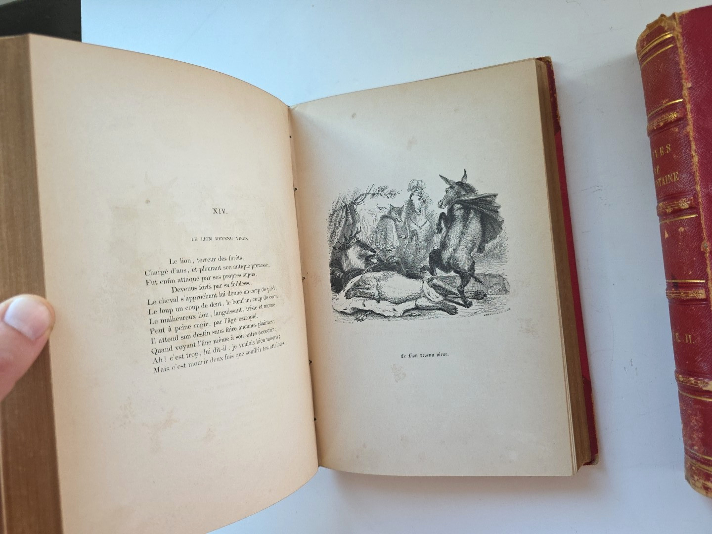 1843 Fables de La Fontaine 2 Volume Leather Set Grandville Illustrated French