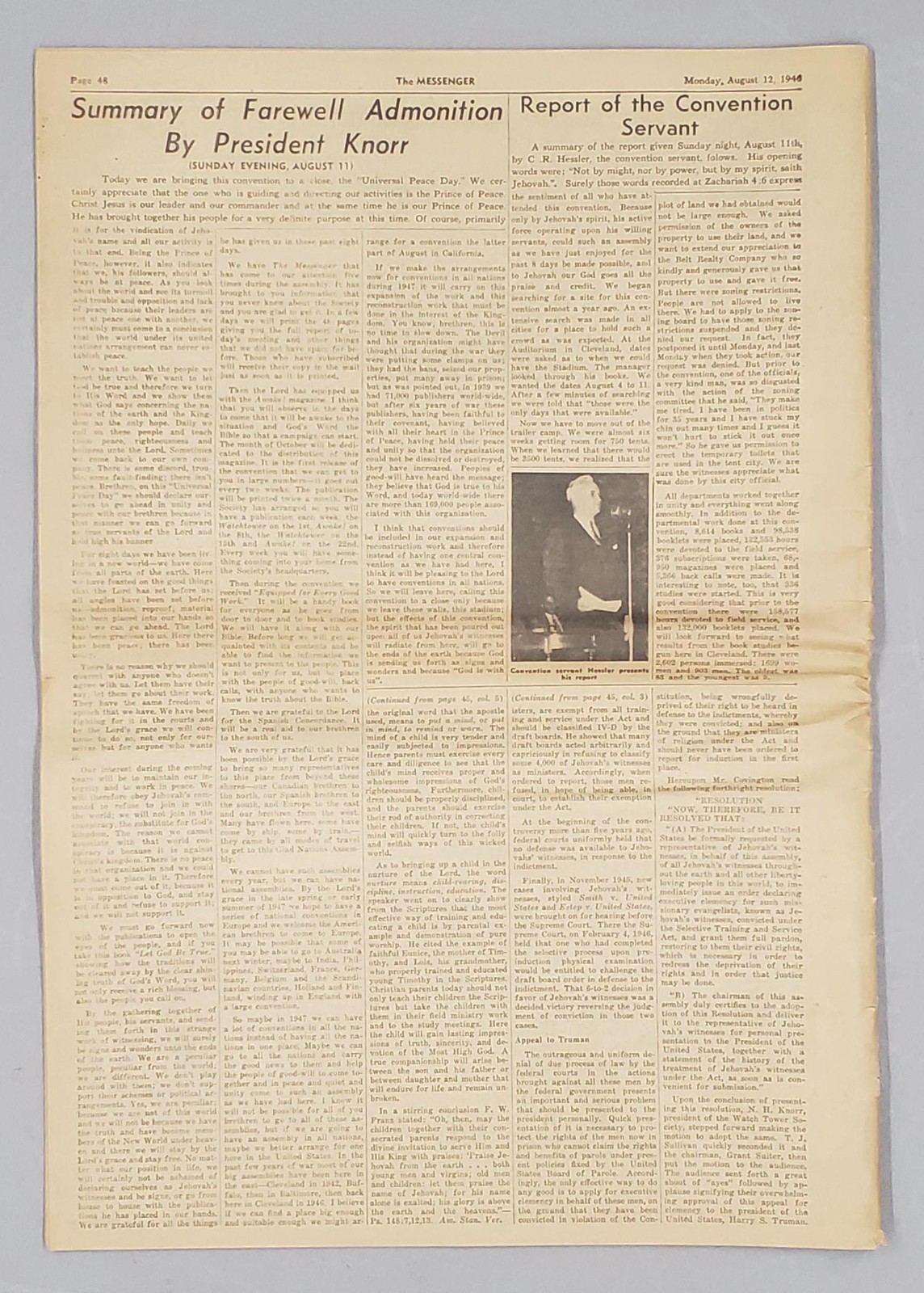 Rare Messenger August 12 1946 Convention Report Watchtower Jehovah
