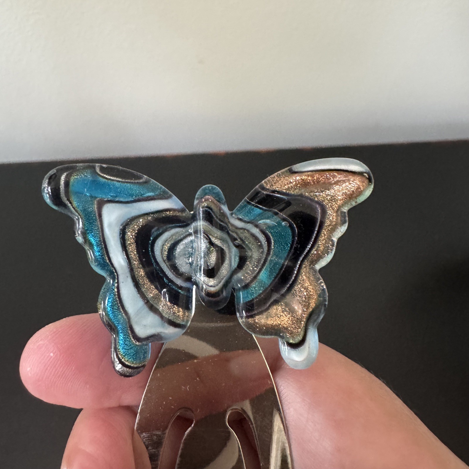 Vintage Metal Butterfly Bookmark Aqua Gold Slip-On Paper Clip