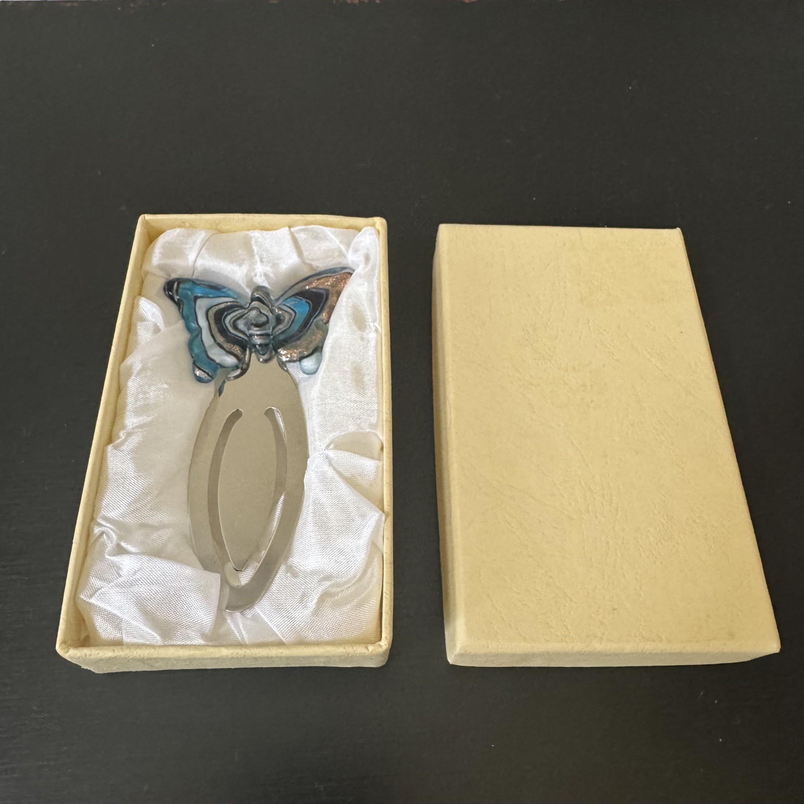 Vintage Metal Butterfly Bookmark Aqua Gold Slip-On Paper Clip
