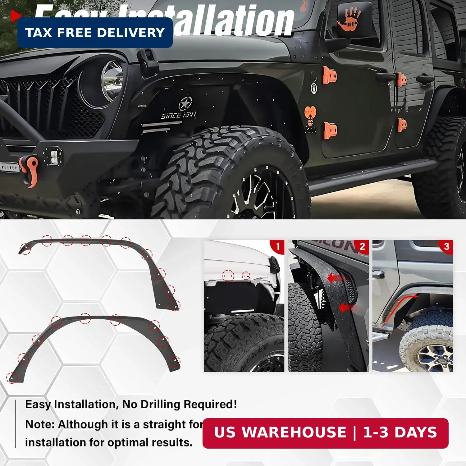 YZONA for JL JLU Flat Front & Rear Fender Flares Compatible with 2018 2019 2020