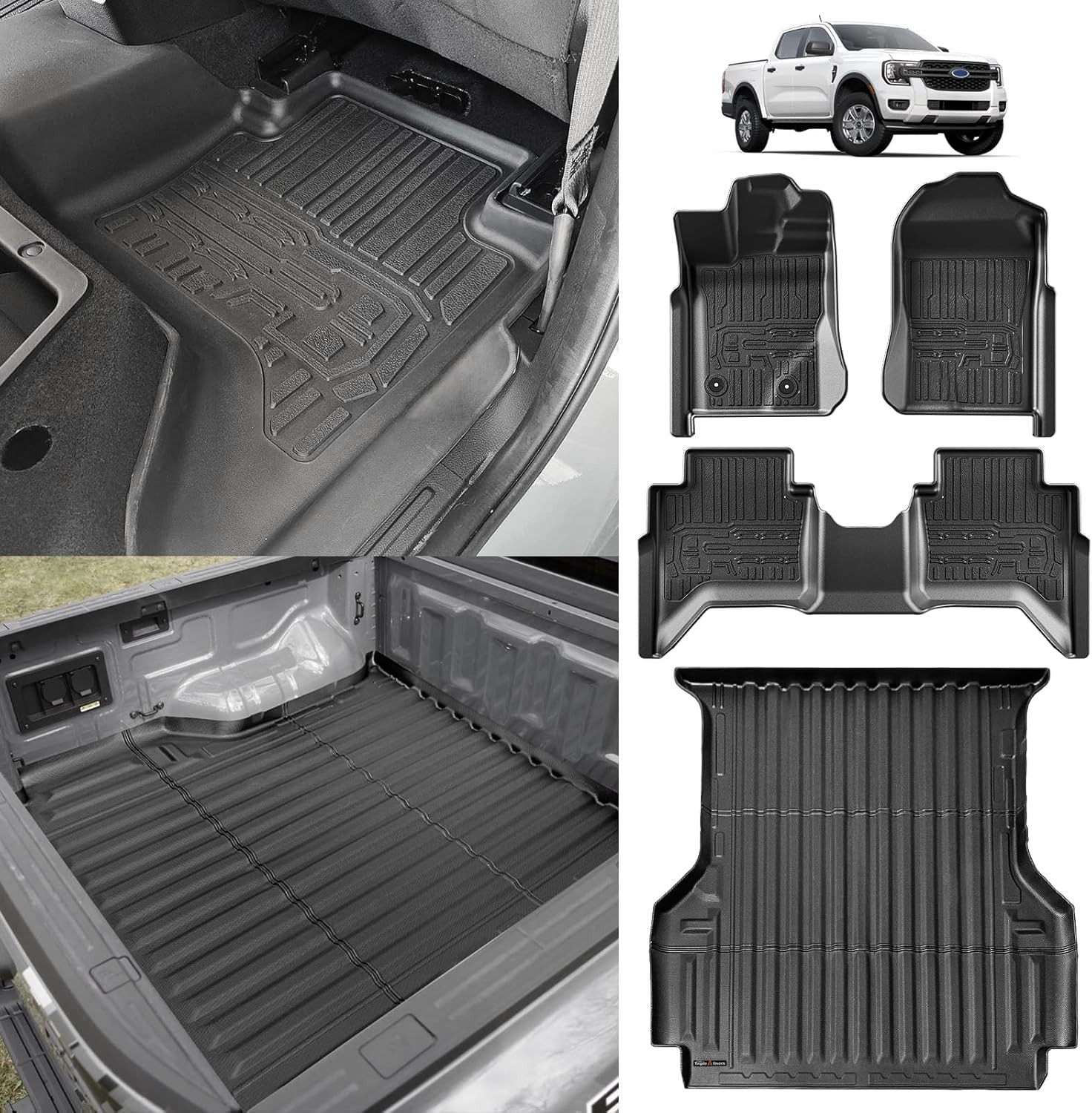 Truck Bed Mat & Floor Mats Front Rear Full Set Compatible with Ford Ranger 2024-