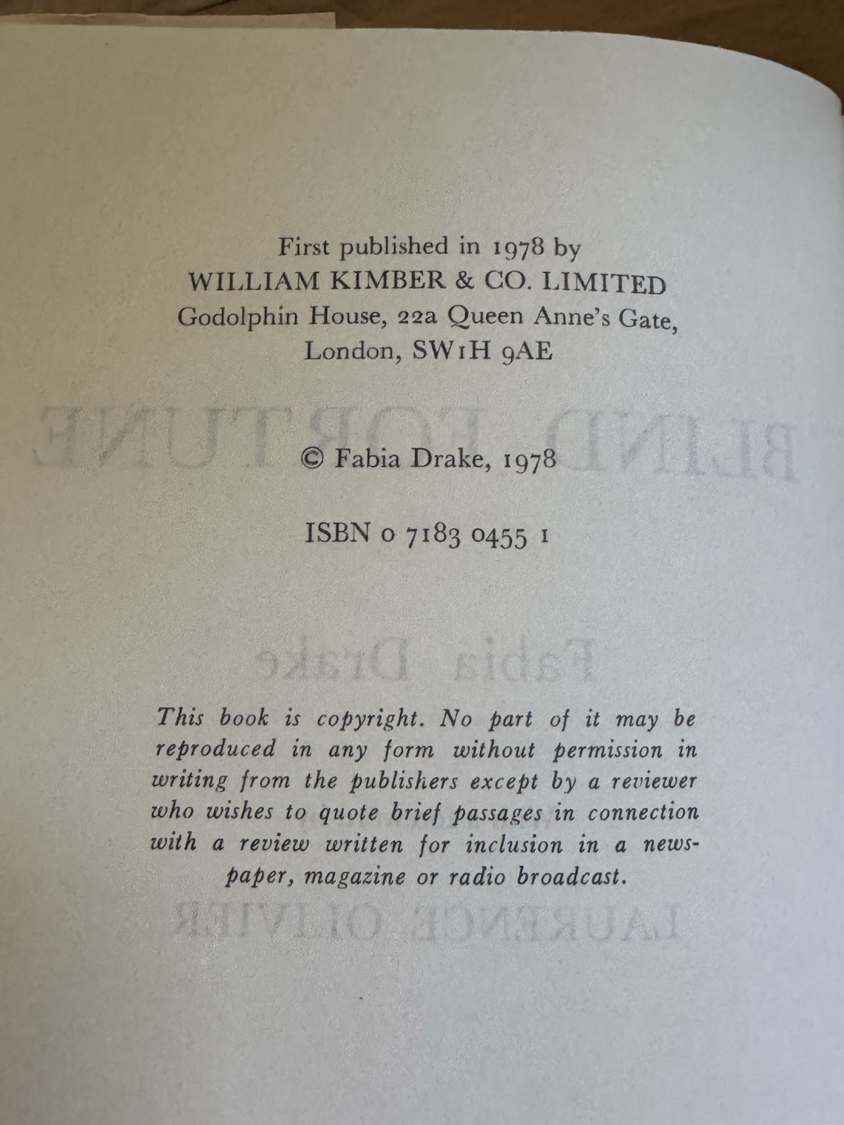 Blind Fortune – Fabia Drake Signed 1st Edition Book From 1978