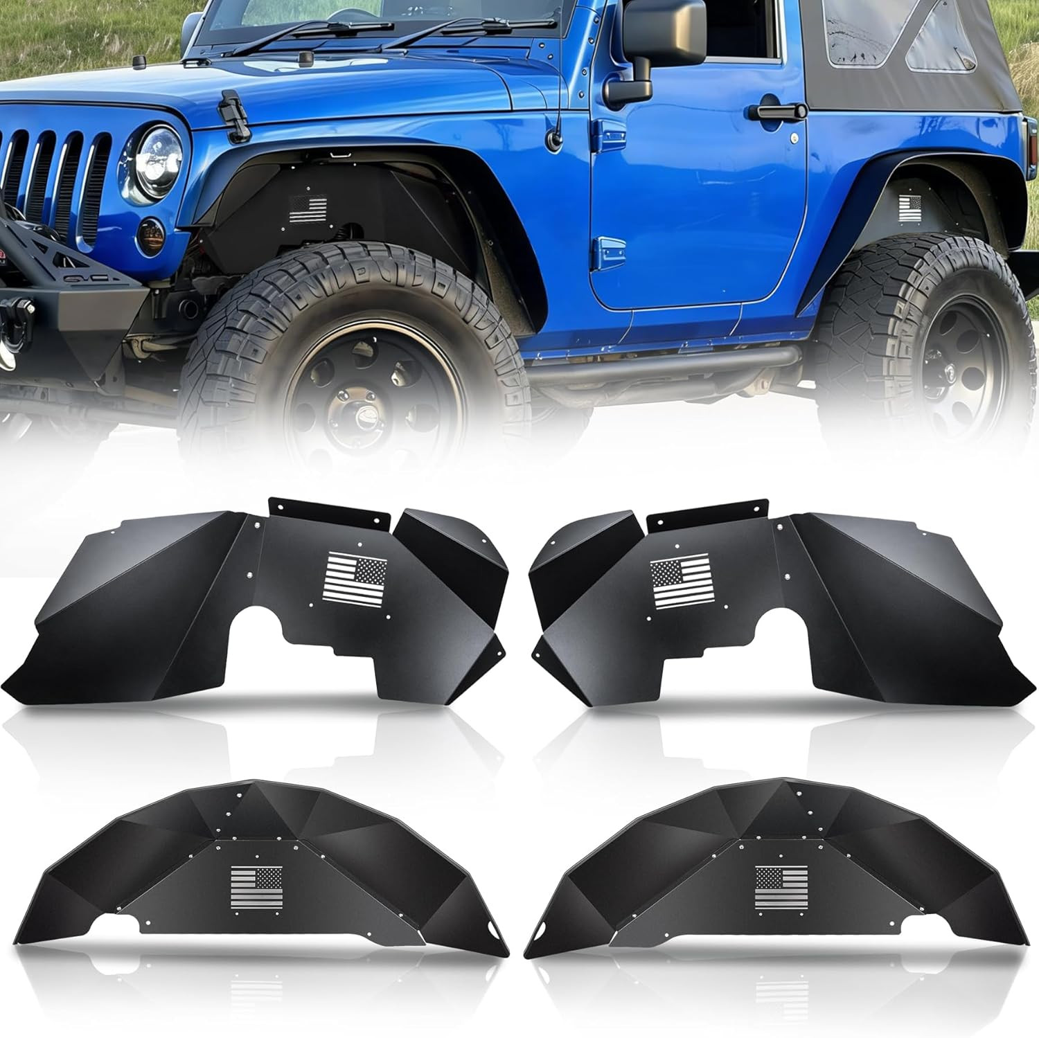 Front and Rear Aluminum Inner Fender Liner Set Compatible with 2007-2018 Wrangle