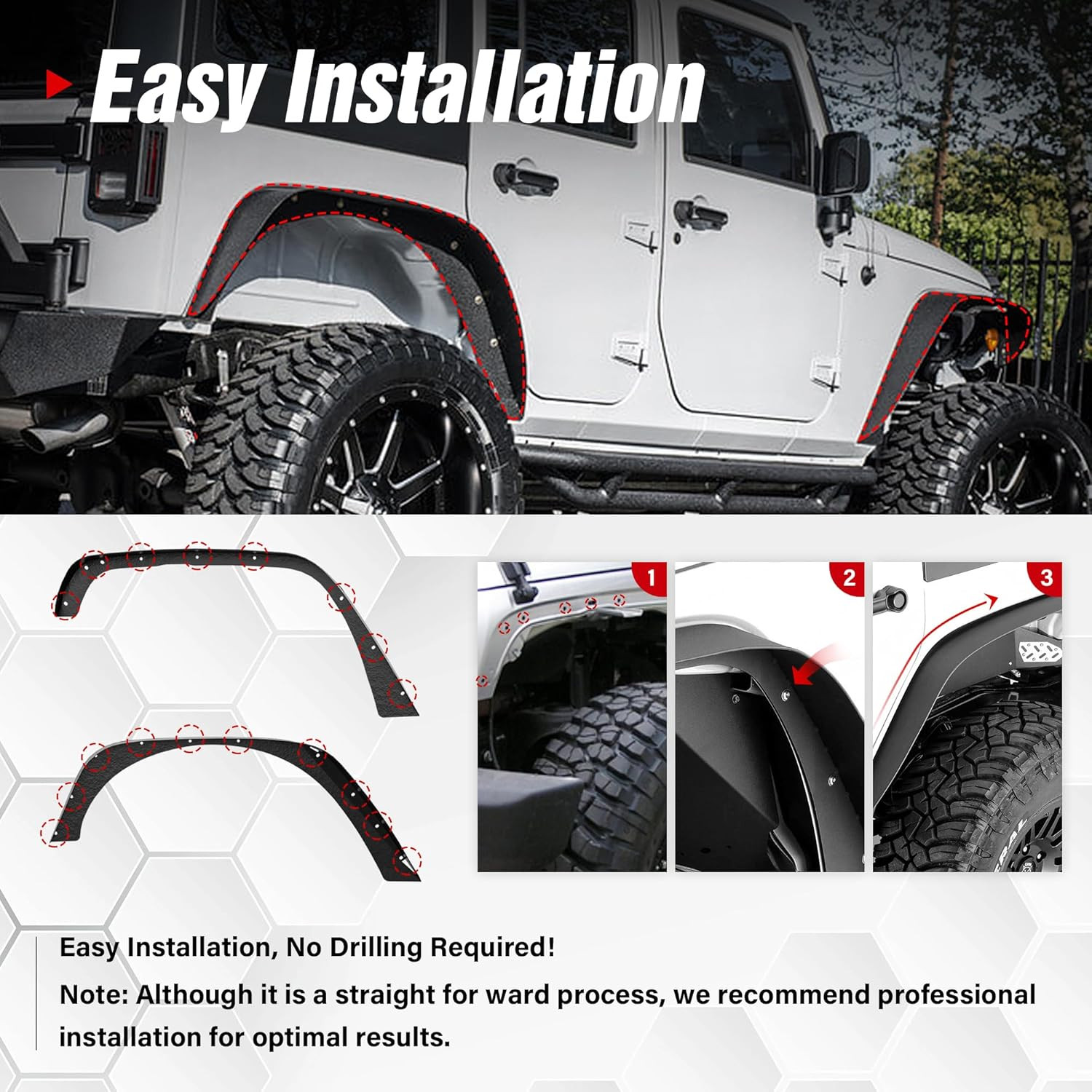 For JK Flat Style Front and Rear Fender Flares 4-Piece Combo Compatible with 200