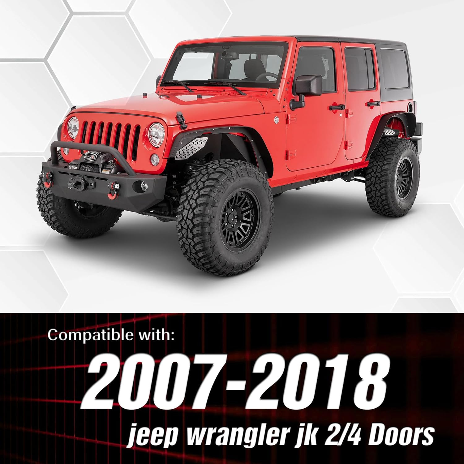 For JK Flat Style Front and Rear Fender Flares 4-Piece Combo Compatible with 200