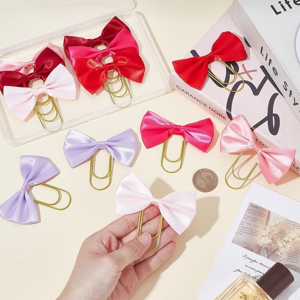 12 Pcs Cute Bow Bookmarks Gold Clip 6 Color Polyester Bowknot Page Marker
