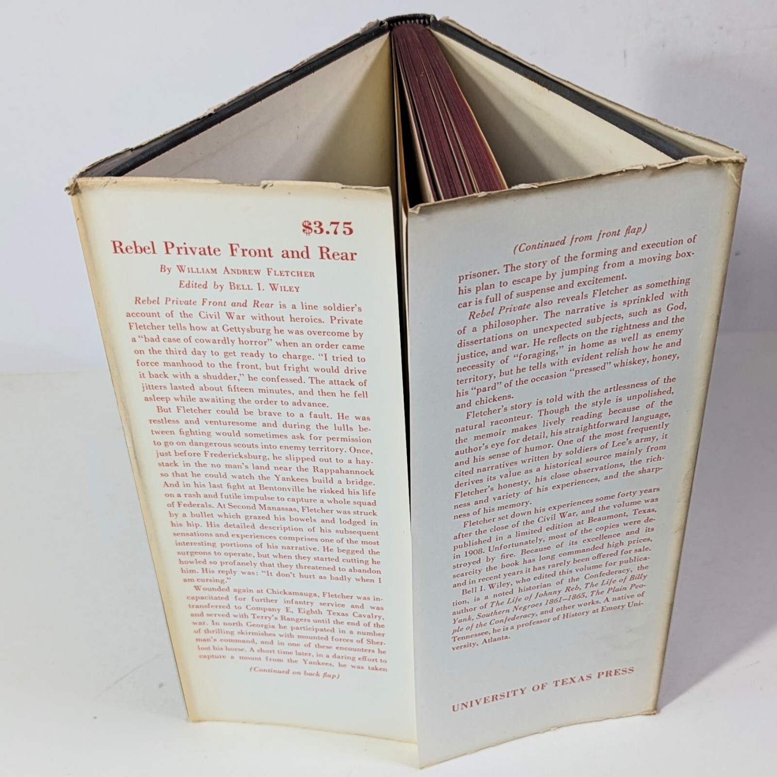 REBEL PRIVATE FRONT & REAR Wm A Fletcher 1954 HC DJ VG B.I. Wiley Texas Press