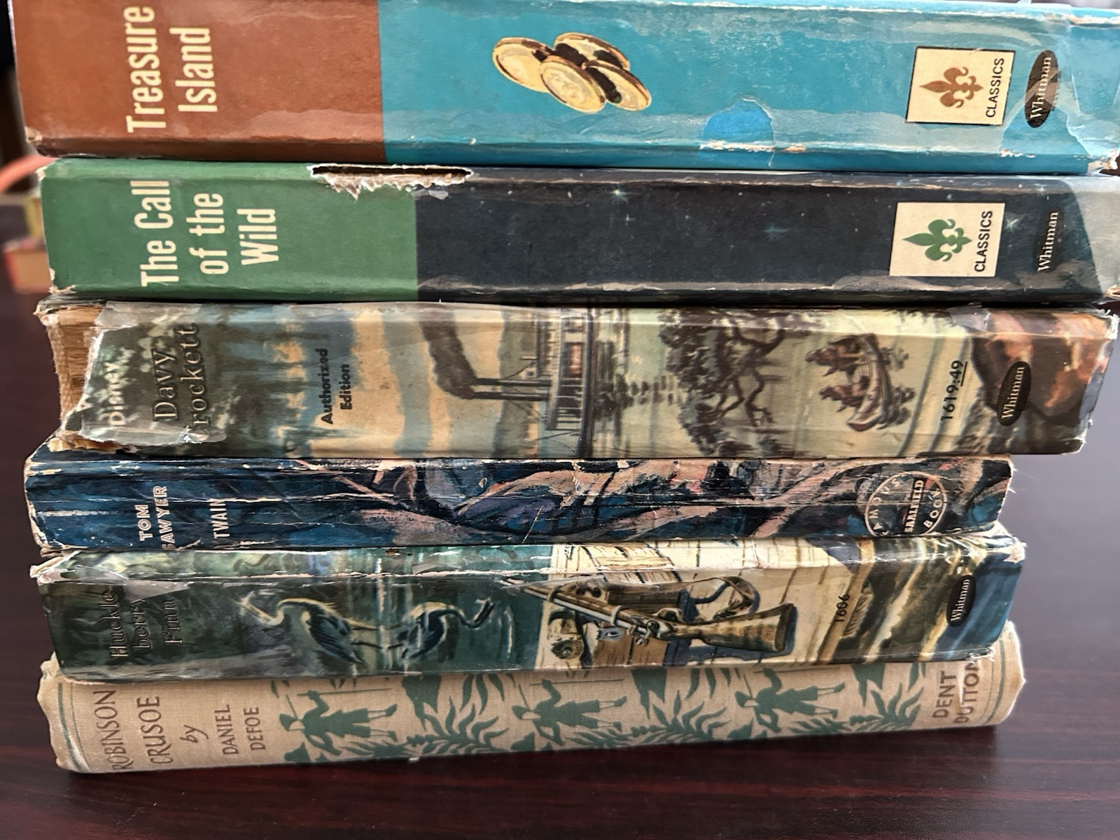 #584 6 Books Robinson Crusoe, Huck Finn , Tom Sawyer,Davy Crockett & More !
