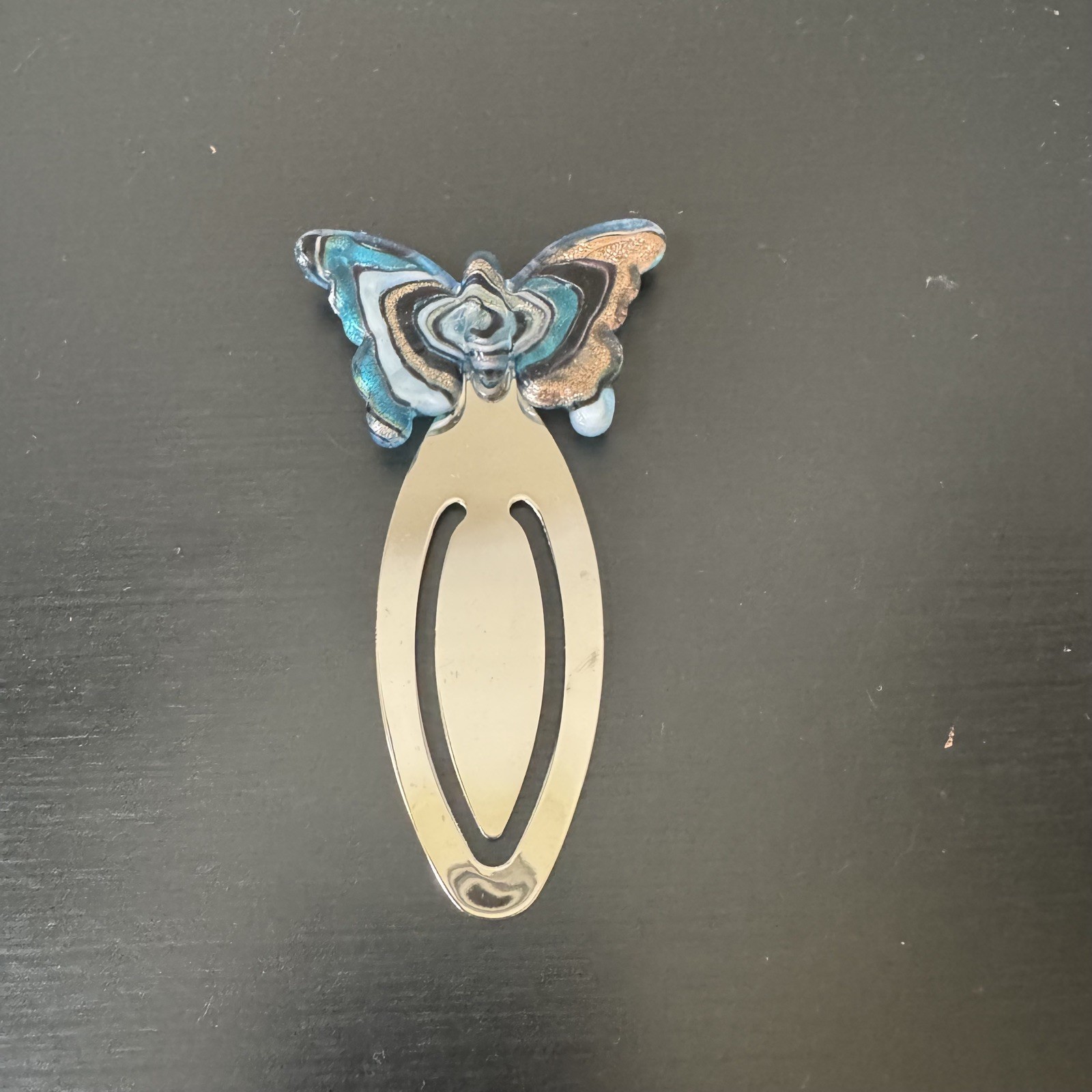Vintage Metal Butterfly Bookmark Aqua Gold Slip-On Paper Clip