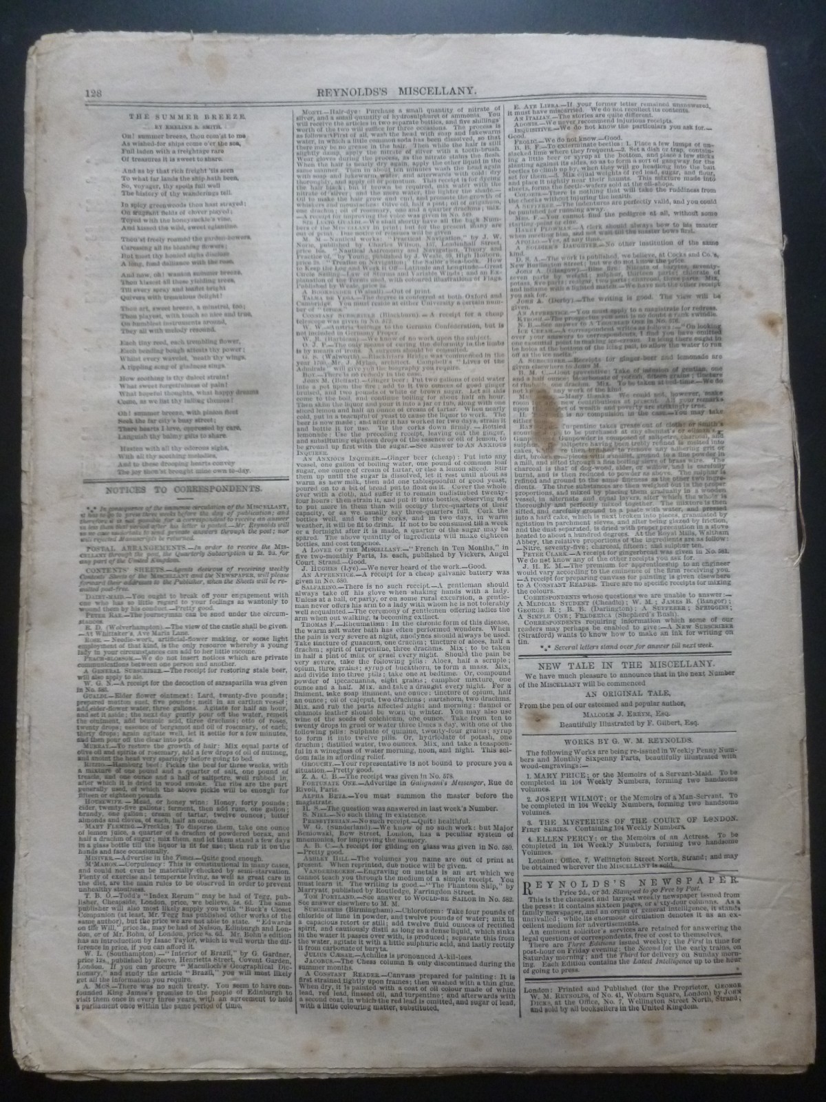 Anonymously Edited – REYNOLD’S MISCELLANY No. 584, August 26, 1859 – Story Paper