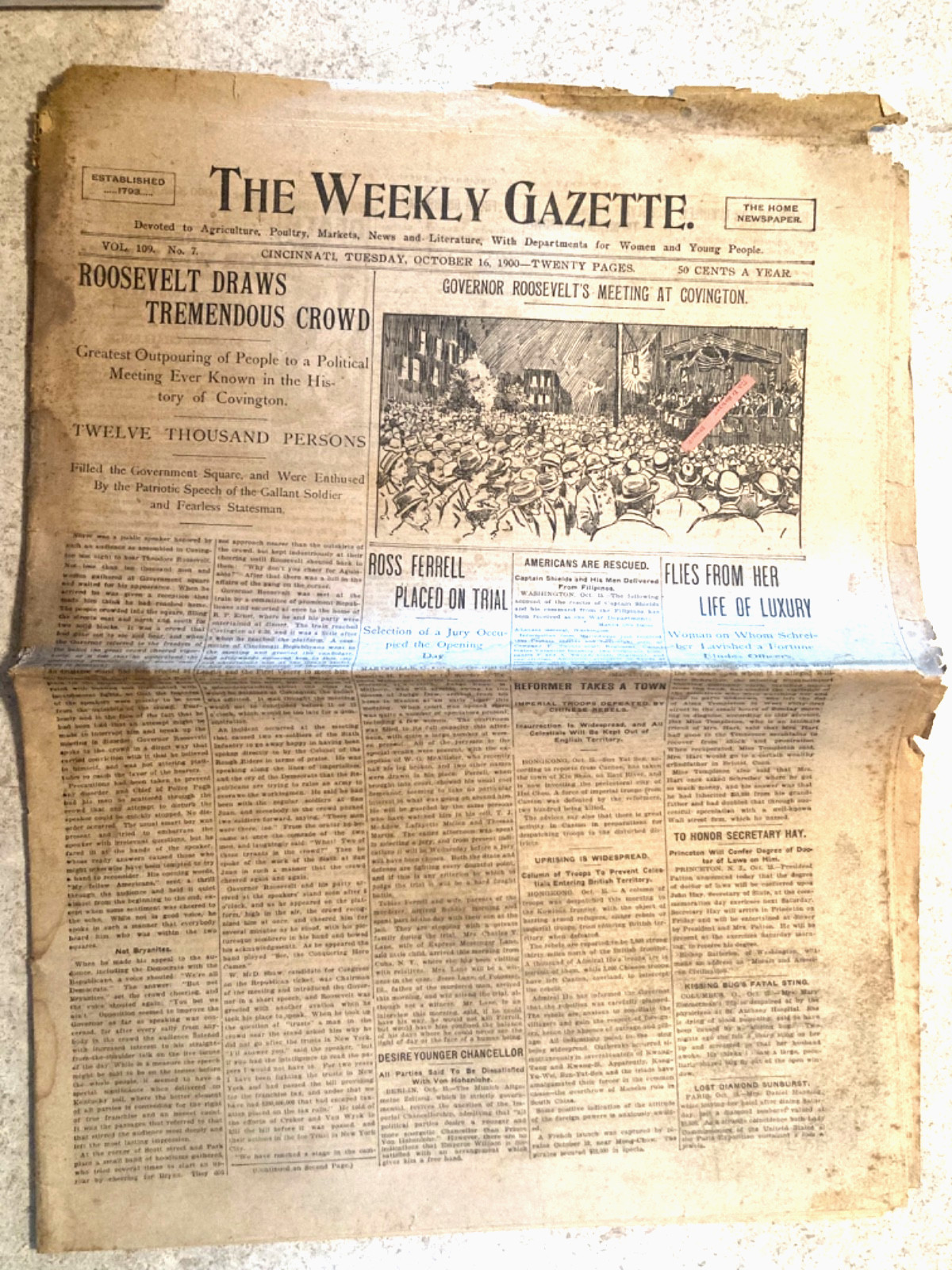 The Weekly Gazette-Cincinnati, OH-Oct. 16, 1900–Roosevelt visits Covington, KY