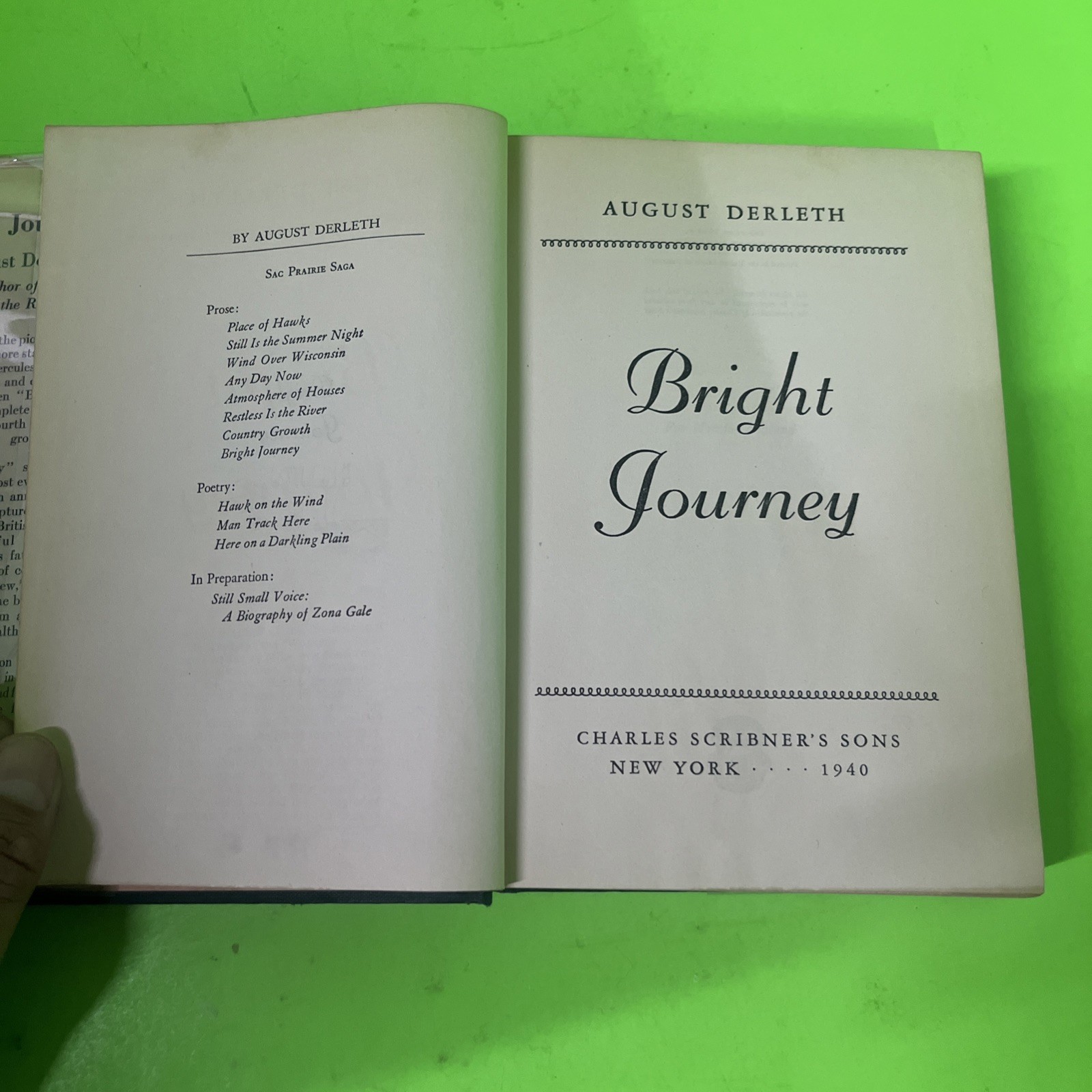 BRIGHT JOURNEY by August Derleth 1940 VTG 1st Edition HCDJ Scribner’s Sons