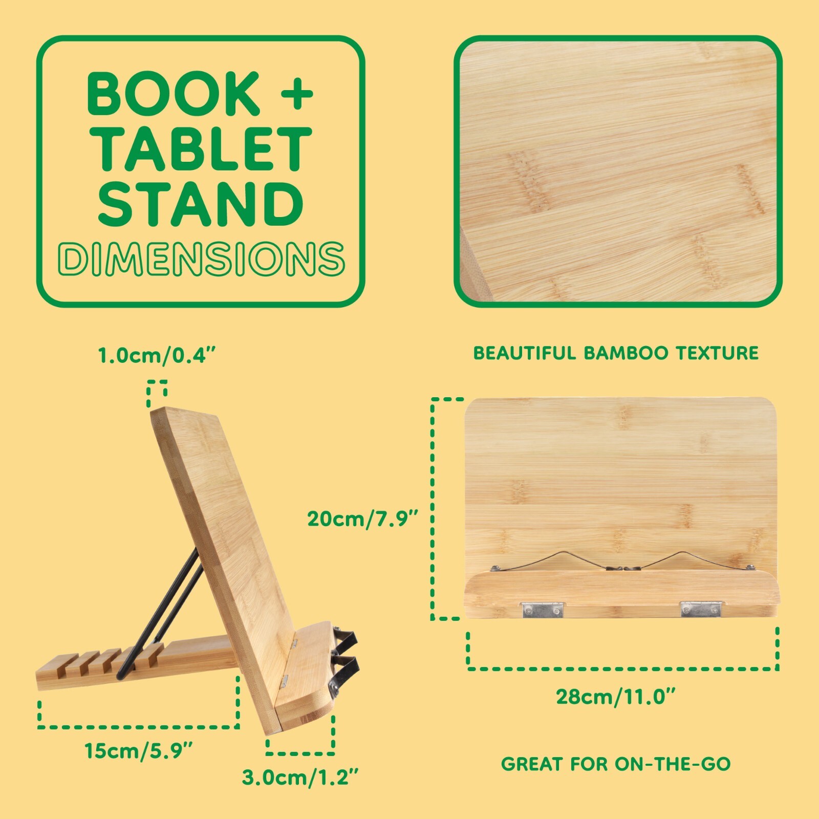Universal Bamboo Book Stand, for Cookbooks, Reading, Cell Phone, Art, Music
