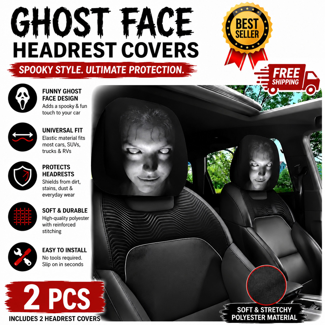 2pcs Ghost Face Headrest Covers,Scary Face Printing Auto Seat Universal Elastic